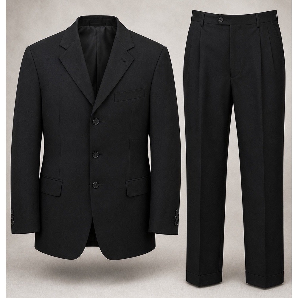 Hickey Freeman Mens Suit 42L Wool Black Herringbone 3 Button Union Made USA